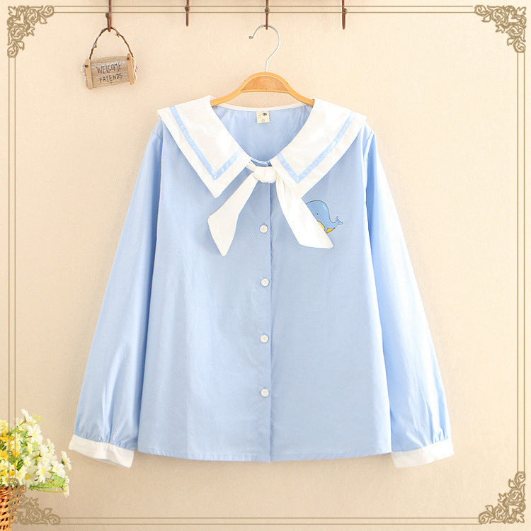 Vintage Sailor White Shirts Women Blouse Cute Bow Tie Front