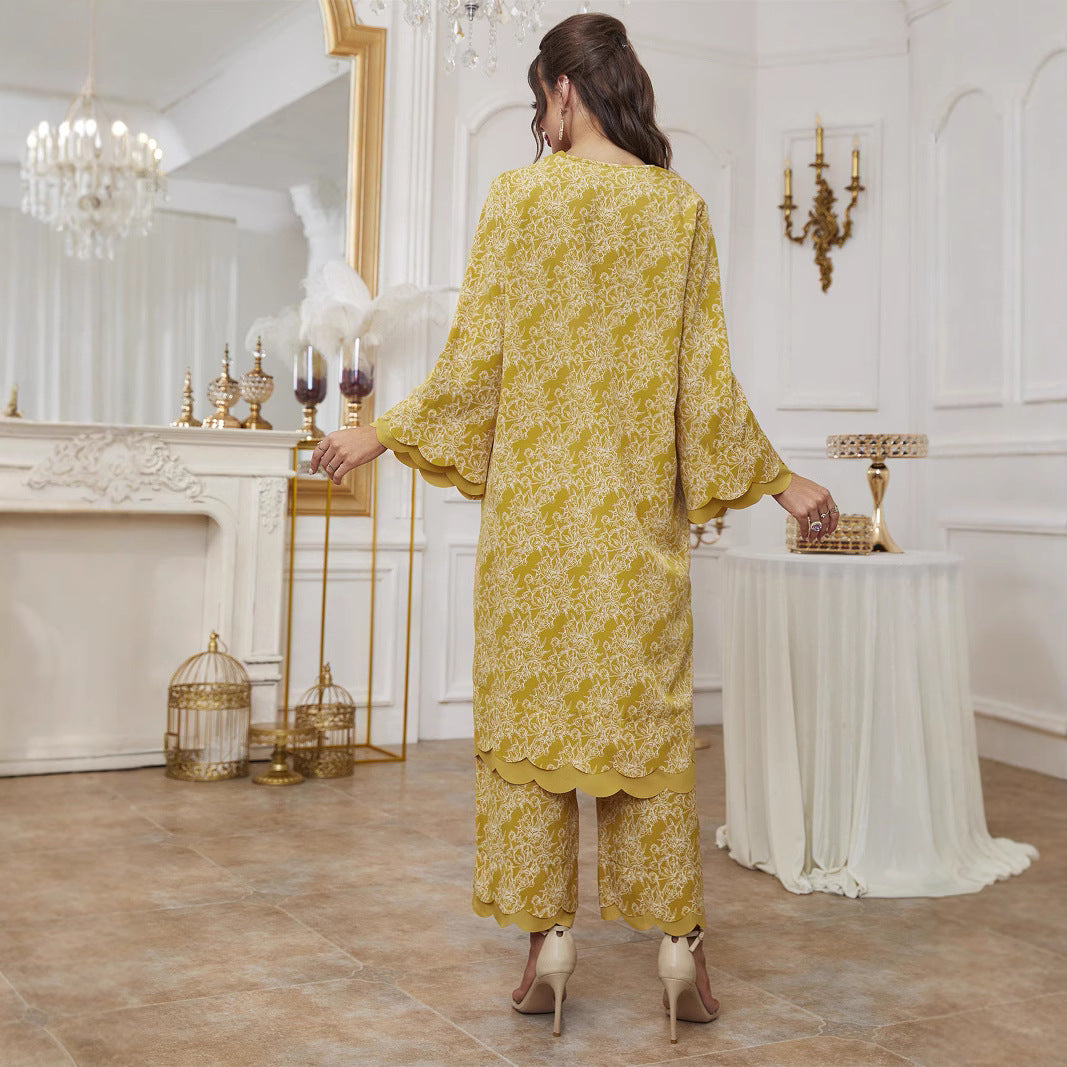 Elegant Floral Print Muslim Abaya Dress Set