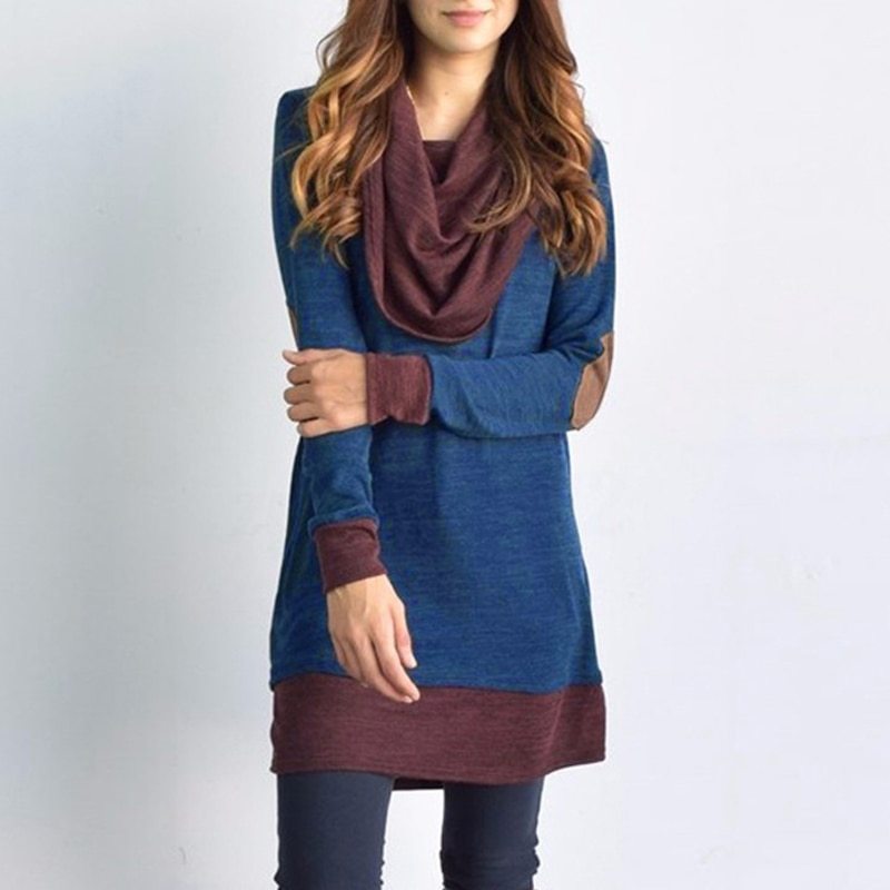 New Women Long Sleeve Patchwork Pullover Elbow Patches Cowl Neck Femme Long Tops Casual Spring Autumn Blouse Shirts Thin