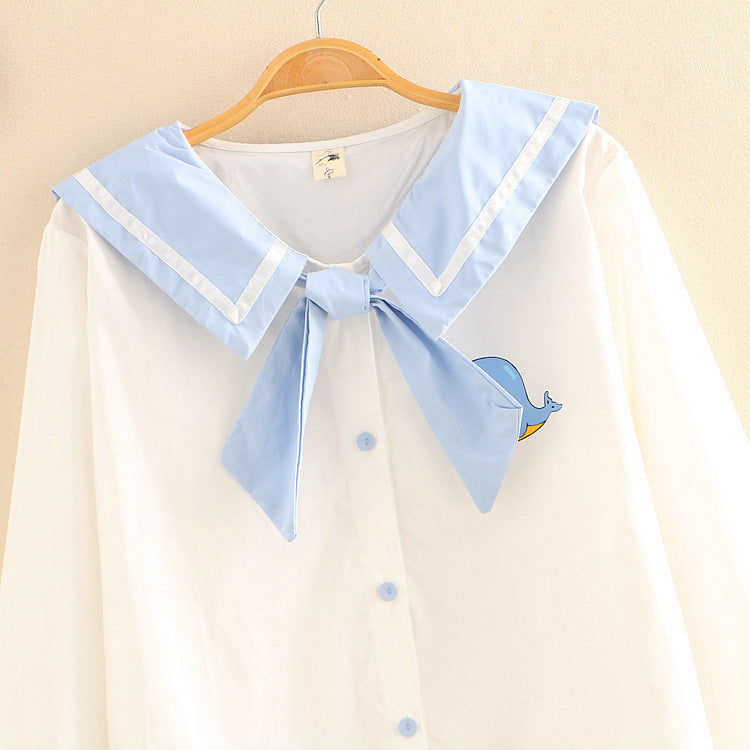 Vintage Sailor White Shirts Women Blouse Cute Bow Tie Front