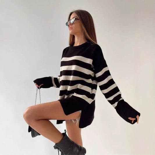 Casual Striped Loose Crew Neck Pullover Sweater Coat