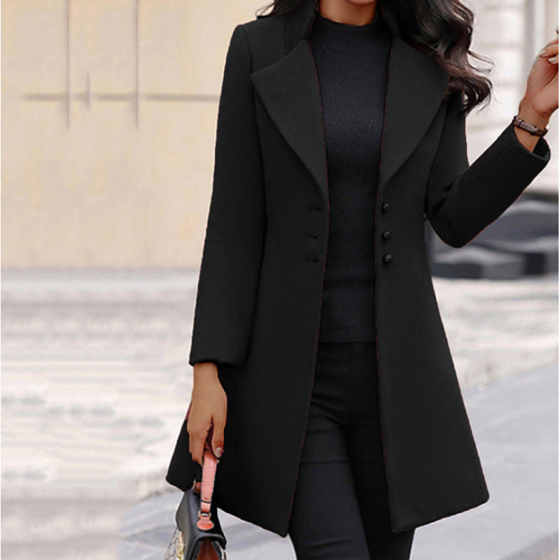 Women's Slim-Fit Woolen Coat with Lapel Collar