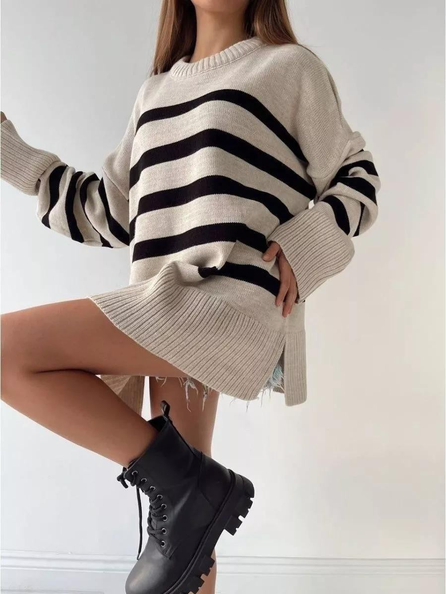 Casual Striped Loose Crew Neck Pullover Sweater Coat