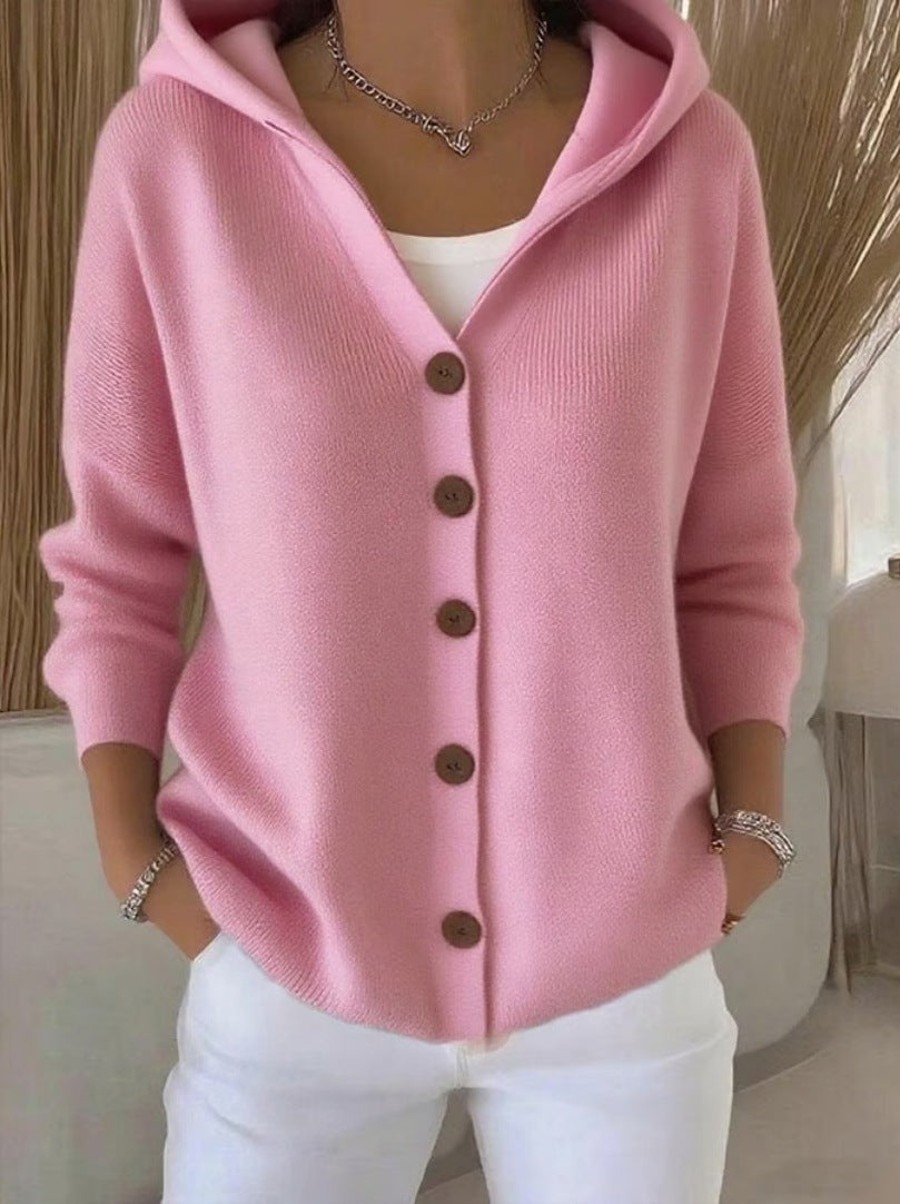 Buttoned knitted hooded sweater