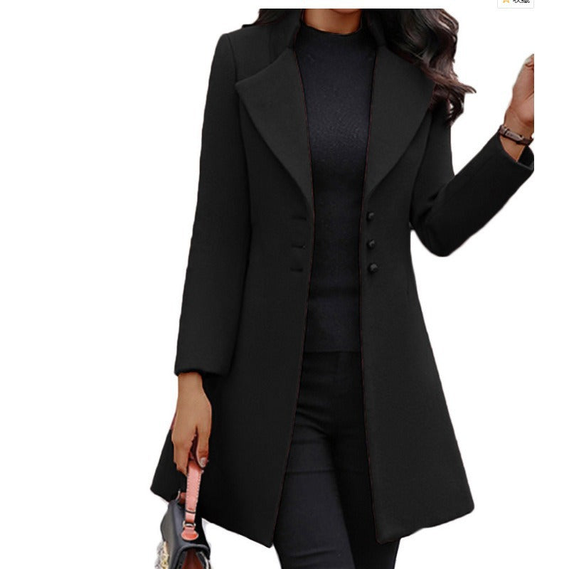 Women's Slim-Fit Woolen Coat with Lapel Collar
