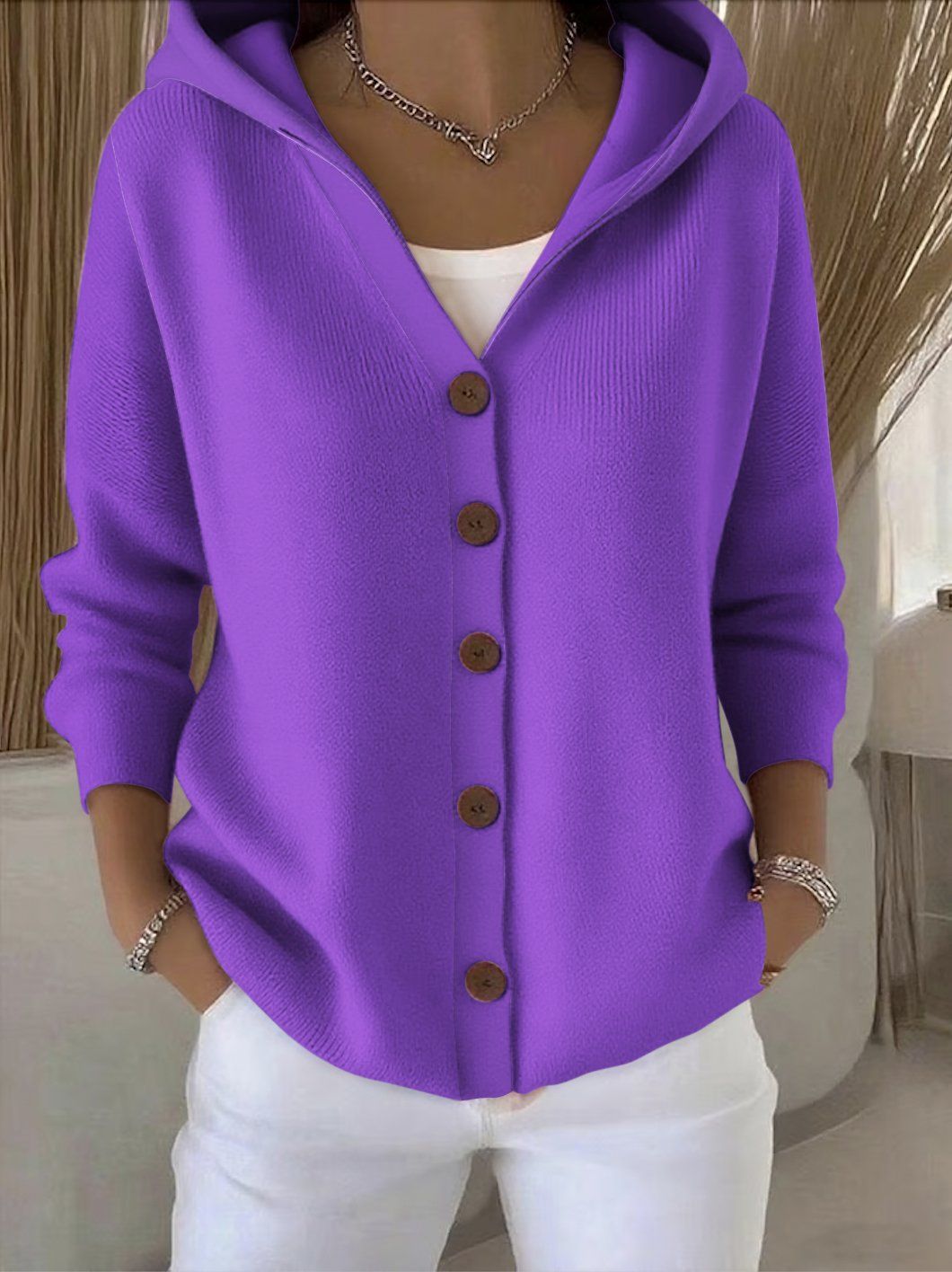 Buttoned knitted hooded sweater
