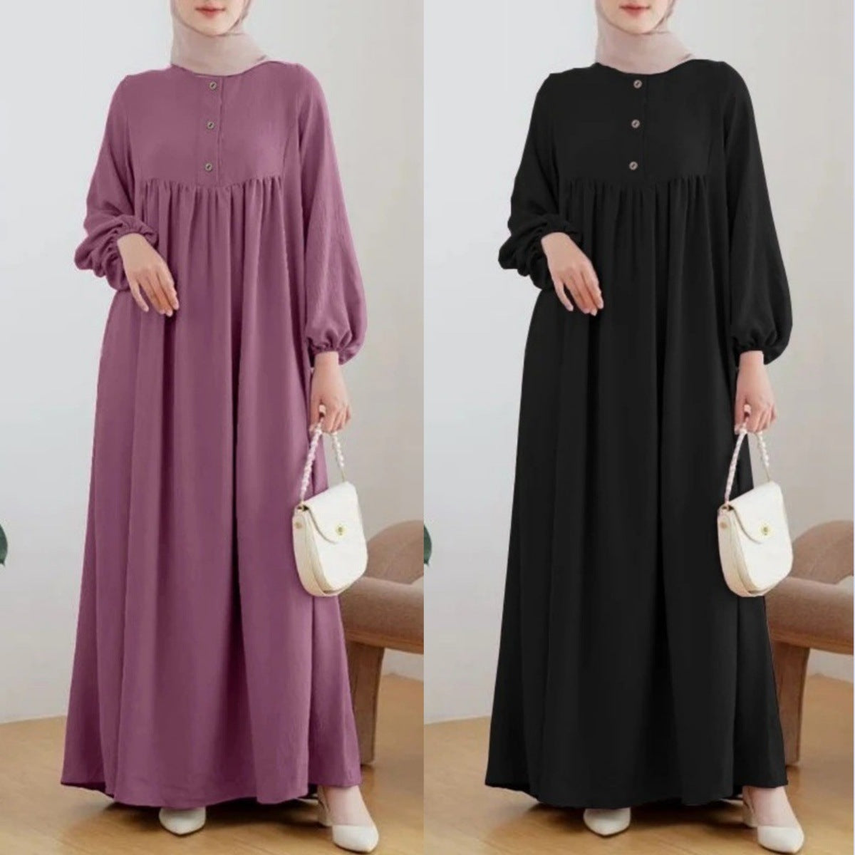 Muslim Women's Elegant Lantern Sleeve Long Dress