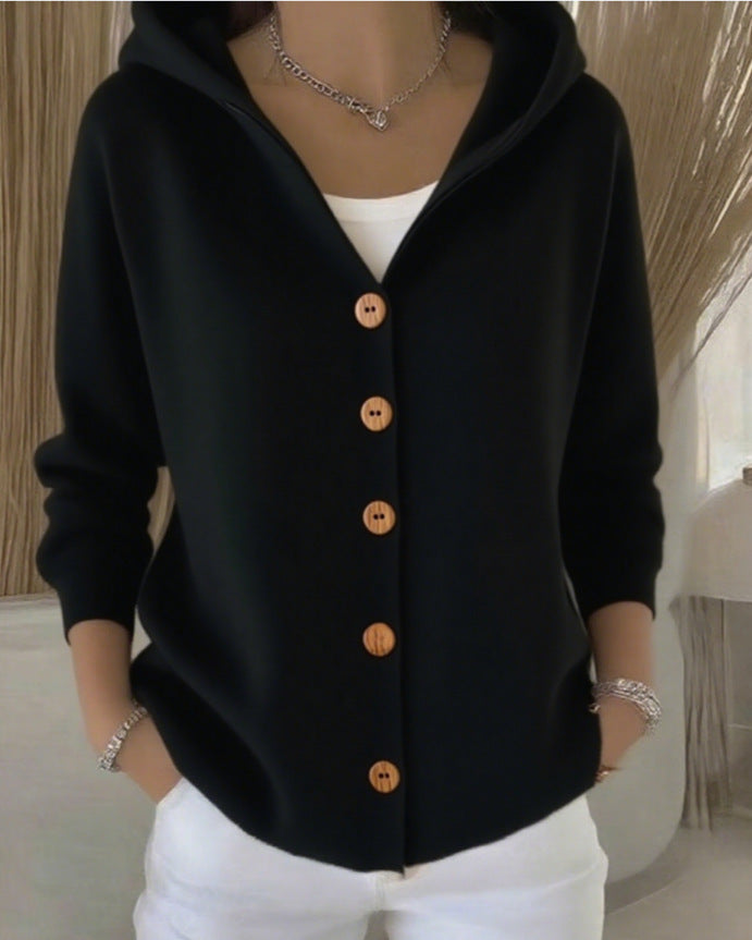 Buttoned knitted hooded sweater