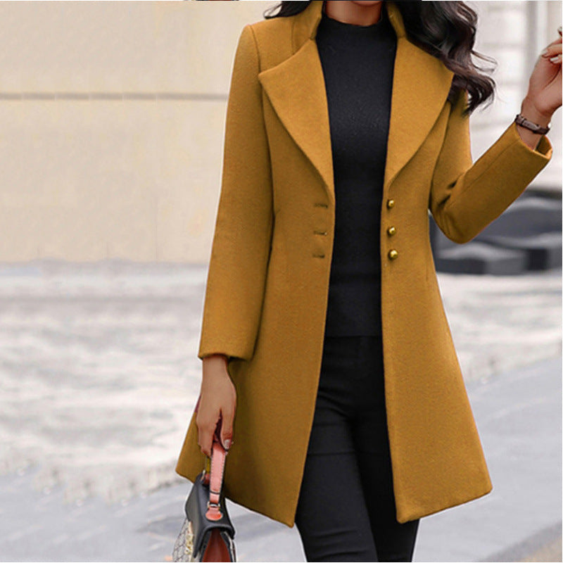 Women's Slim-Fit Woolen Coat with Lapel Collar