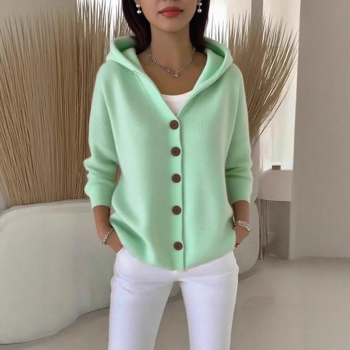 Buttoned knitted hooded sweater