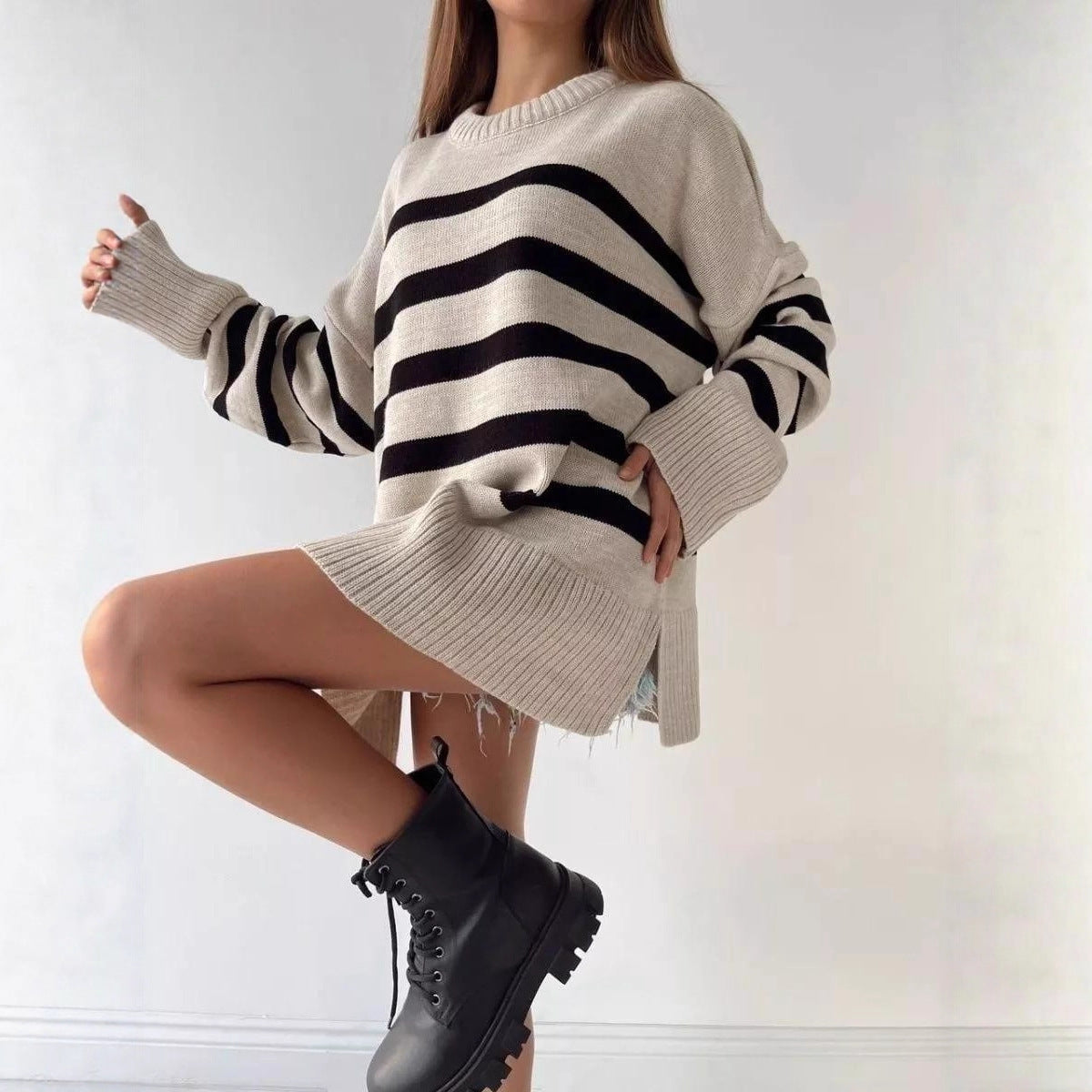 Casual Striped Loose Crew Neck Pullover Sweater Coat
