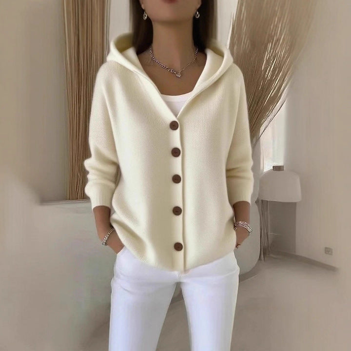 Buttoned knitted hooded sweater