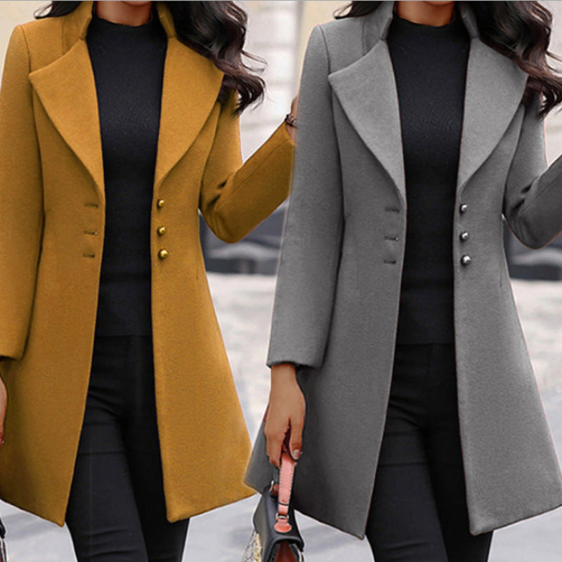 Women's Slim-Fit Woolen Coat with Lapel Collar