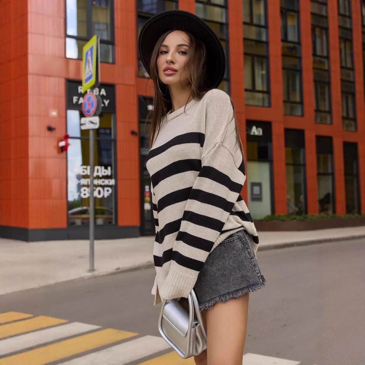 Casual Striped Loose Crew Neck Pullover Sweater Coat