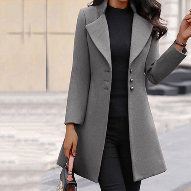 Women's Slim-Fit Woolen Coat with Lapel Collar