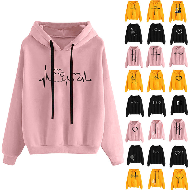 Women's Hooded Sweatshirt Loose Fit Printed Pullover