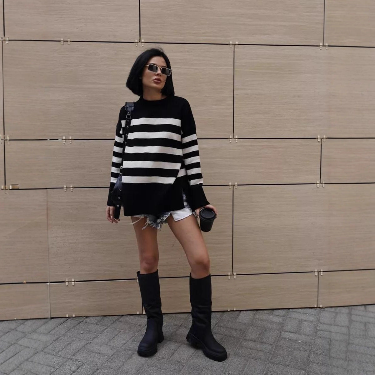 Casual Striped Loose Crew Neck Pullover Sweater Coat